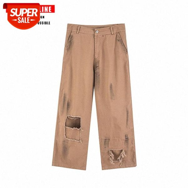 

tkpa american graffiti letter printed ripped jeans men and women port style loose straight-leg pants trousers #jz3o, Blue