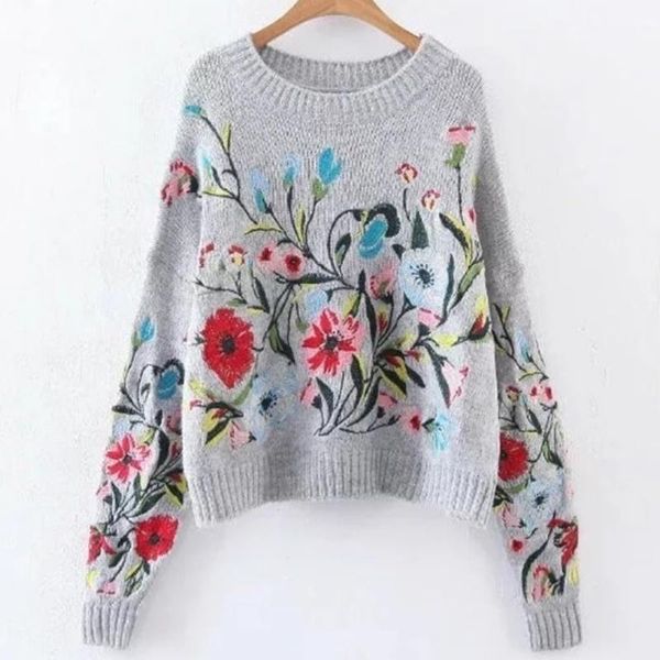 

korean autumn winter fashion solid color round collar full sleeve loose embroidered sweater women women's sweaters, White;black