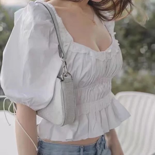 

new lace pleated puff sleeves french retro square collar white women 210421