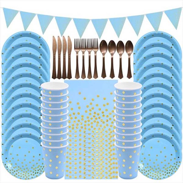 

disposable dinnerware birthday decorations blue gold polka dot stamping tableware paper plate kids cup party wedding supplies