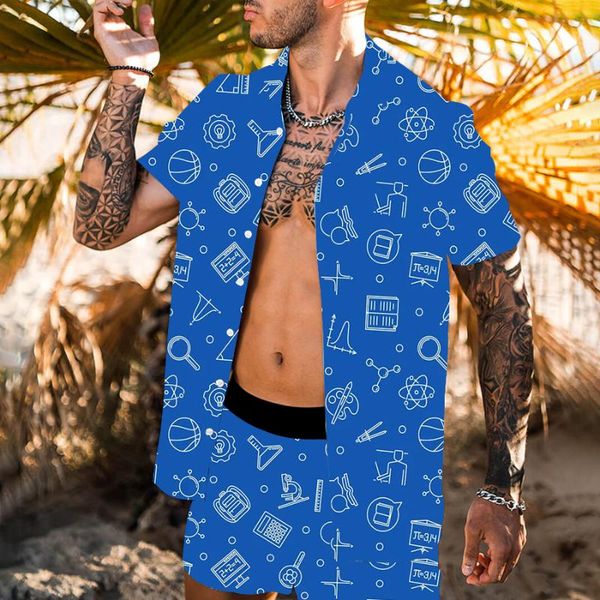 

men's tracksuits 2 pieces sets summer featured printing tracksuit men casual fashion floral print shirts+shorts set mens beach hawaiian, Gray