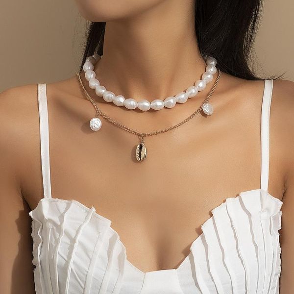 

pendant necklaces european and american personality jewelry with pearl double layer set fashion simple alloy shell necklace for women, Silver
