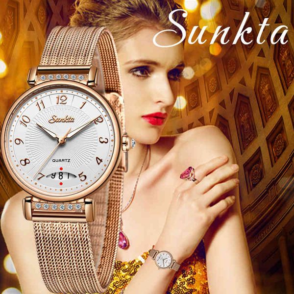

sunkta stainless steel watch women simple fashion dress ladies watches casual quartz hand watch girl clock relogio feminino 210517, Slivery;brown