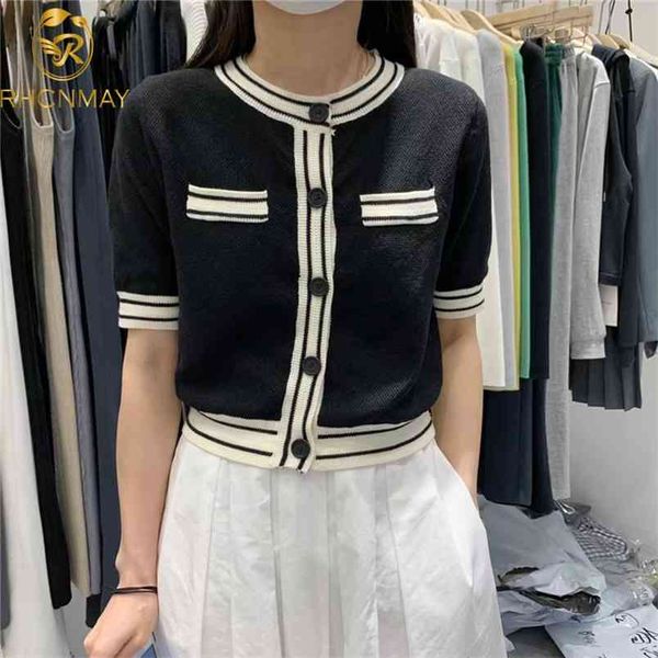 

summer knitted cardigan women short sleeve o-neck single breasted sweater vintage korean elegant jumpers 210506, White