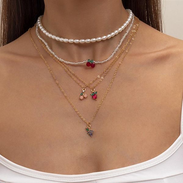 

chokers sweet crystal fruit cherry strawberry grape necklace for women fashion pearl chain choker party jewelry accessories, Golden;silver