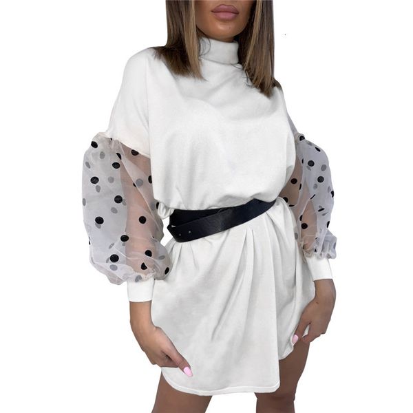 

casual dresses turtleneck mesh puff sleeve women dress patchwork polka dot ladies mini spring black white vestidos l6m3, Black;gray