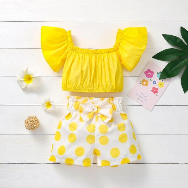 

clothing sets children summer suit girls one shoulder solid color frilled petal sleeve + polka dot print shorts set vetement enfant fill, White