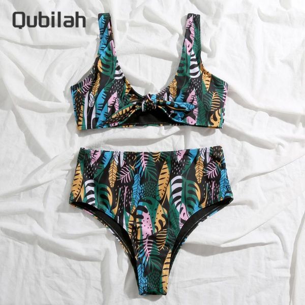 

women's swimwear split bikini women summer swimsuit with knotted leaf print two piece beach swimming 2021 biquini bathing suit, White;black