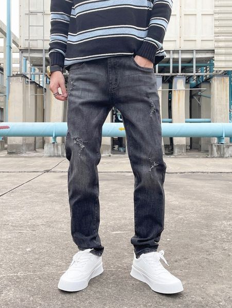 

men bleach wash ripped frayed straight leg jeans d6xc#, Blue
