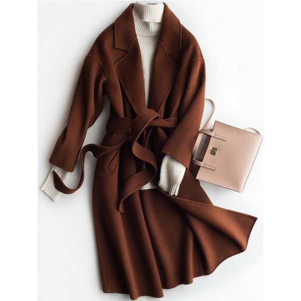 

women's wool & blends women elegant long coat with belt solid color sleeve chic outerwear ladies overcoat winter korean version coats, Black