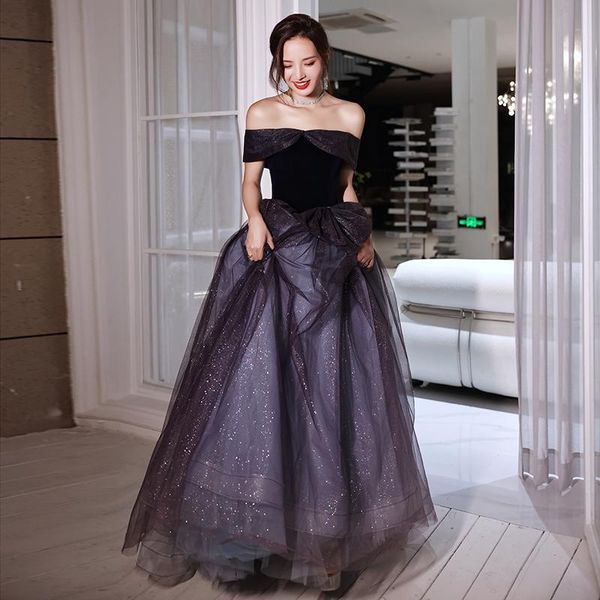 

party dresses elegant off-the shoulder floor length evening dress dreamy purple light luxury banquet classic tulle starry gowns, White;black