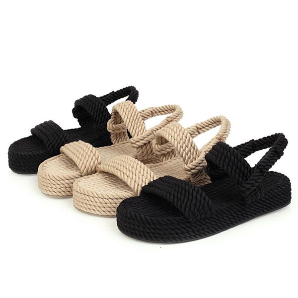 

sandals women's woven sandals large size comfortable casual summer hemp rope roman shoes, Black