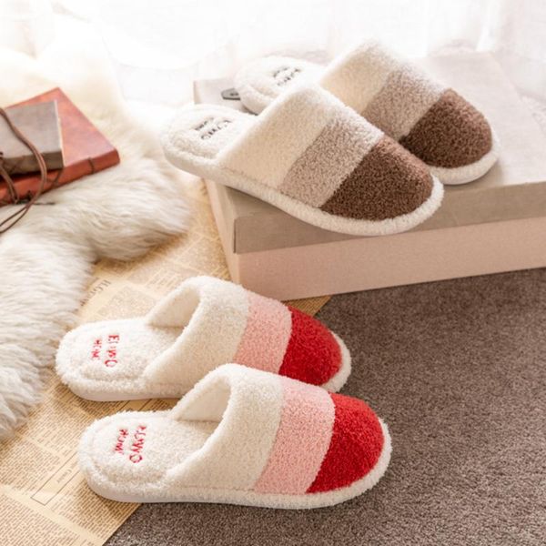 

slippers women's mens couples mixed colors warm non-slip floor home indoor shoes 2021 autumn winter patchwork, Black