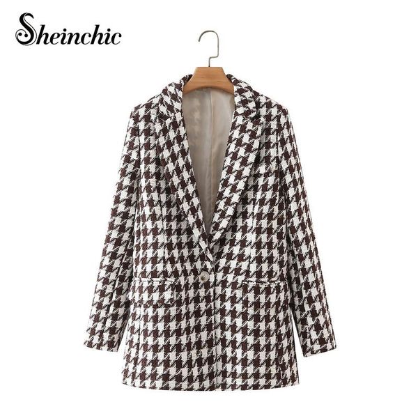 

women's wool & blends sheinchic 2021 autumn winter fashion single button plaid woolen coat womens elegant vintage outerwear warm jacket, Black