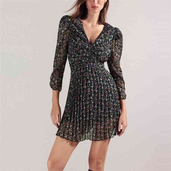 

floral print ruched mini dress women long puff sleeve v neck elegant pleated party dresses woman chic flower vestidos 210524, Black;gray