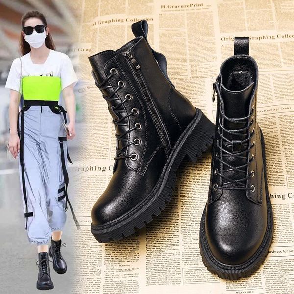 

boots 2021 black platform combat ankle for women lace up buckle strap woman shoes winter biker
