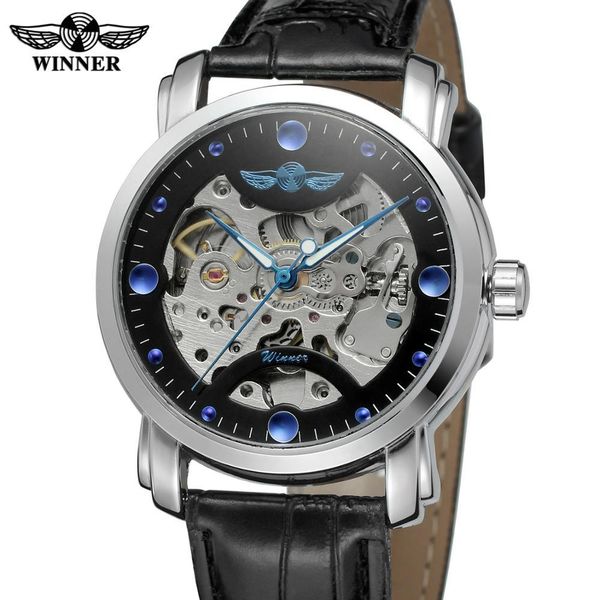 

refining clock creative surface four blue dot claws no digital wizard leather band men automatic mechanical clocks, Slivery;brown