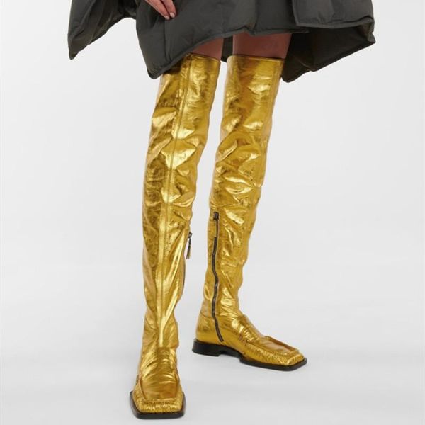 

boots chic lady beige gold pleated square toe over knee cow leather low heels thigh women fall fashion knight botas, Black