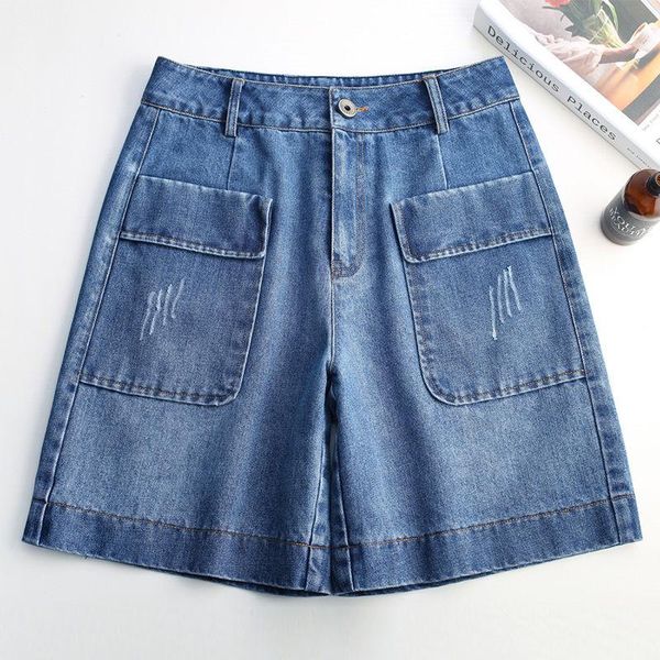 

fashion 2021 summer women high waist shorts jeans knee length pocket denim capri loose streetwear casual straight pants women's, Blue