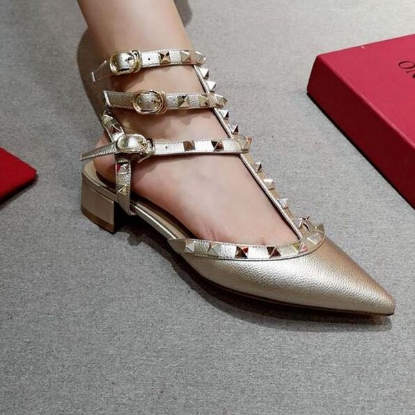 

sandals 2021 rivet mid heel shoes women willow nail bandage buckle thick pointed head high, Black