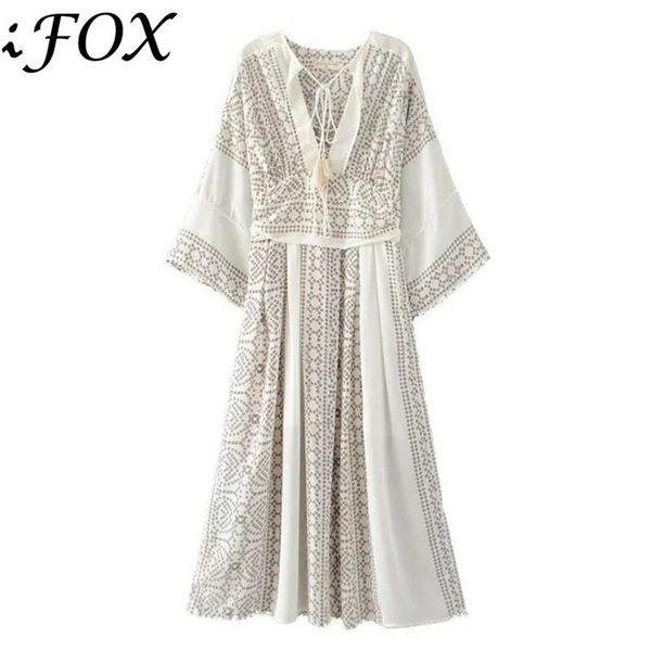

summer women deep v-neck chic geometry printing chiffon dress ladies flare sleeve loose bohemian vintage casual dresses, Black;gray