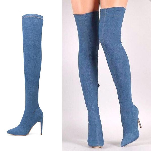 

boots plus size women elastic denim jean thigh high knee cowboy for heels botas mujer 76481, Black
