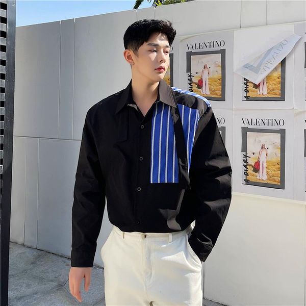 

men's casual shirts fashion long sleeve stripe shirt youth loose party patchwork f44, White;black