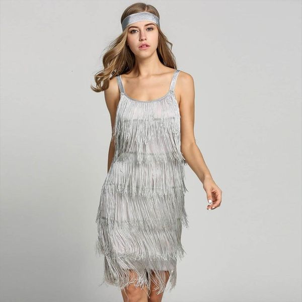 

1920s gatsby slash neck womens dresses strappy tiered fringe vintage flapper party fancy costumes with headband, Black;gray