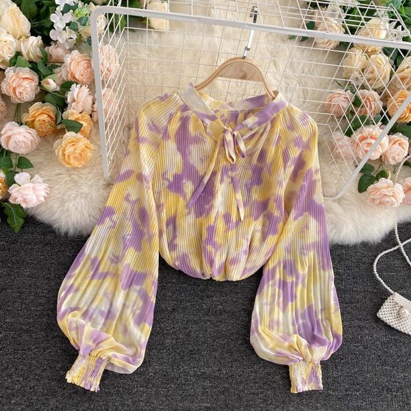 

sweaters yellow/pink/beige dye tie pleated chiffon blouse women autumn casual draped shirt female puff long sleeve new fashion, White;black