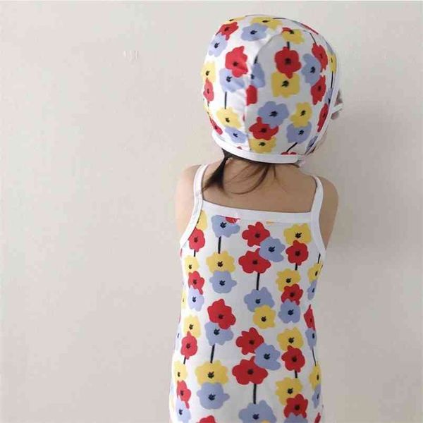 Детский купальник + плавательная шапка девочка цветок печать весенний пляжный костюм детское плавание носить 210702
