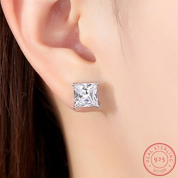 

authentic 925 sterling silver stud 8mm cubic zircon square geometric drop earrings for women wedding jewelry gift xe075, Golden;silver