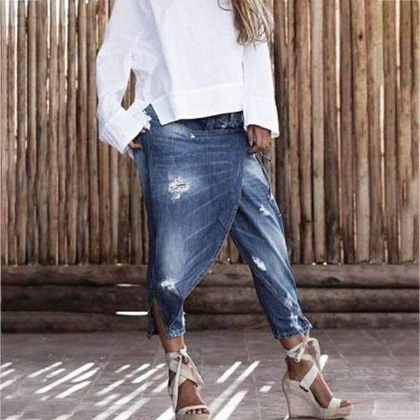 

women's jeans 2021 fashion pants ripped for women low waist fake two layers plus size 5xl pantalones, Blue