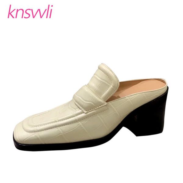 

women slippers 2021 brand shoes square toe mules chunky high heels runway woman crocodile pattern leather ladies, Black
