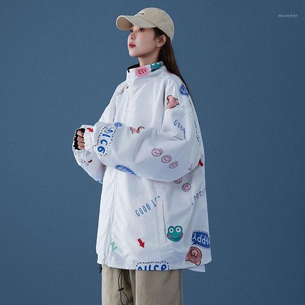 

women's jackets autumn 2021 double wear baseball jacket women streetwear cartoon printing harajuku vintage clothes windbreaker long, Black;brown