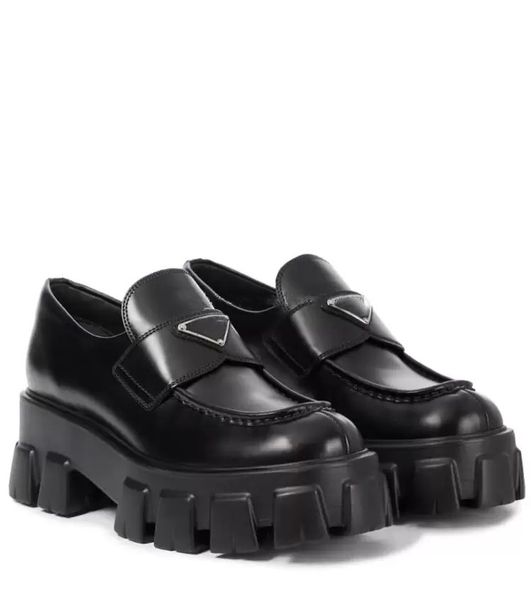 

2021s women loafers casual shoes platform heel black leather,luxury designer sneaker monolith brushed leather round loafer in blacks lace-up