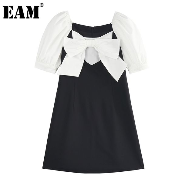 

[eam] women black bow elegant spliced dress square neck half puff sleeve loose fit fashion spring summer 1dd7858 210512, Black;gray