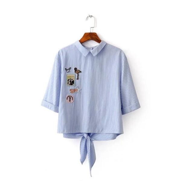 

fashion women knotted hem patch decoration stripe shirts short sleeve blouse casual loose blusa feminina s887 210430, White