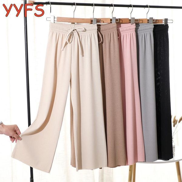

women summer thin knit pant soft wide leg loose pants female long casual trouser elastic waist plus size straight trousers women's & ca, Black;white