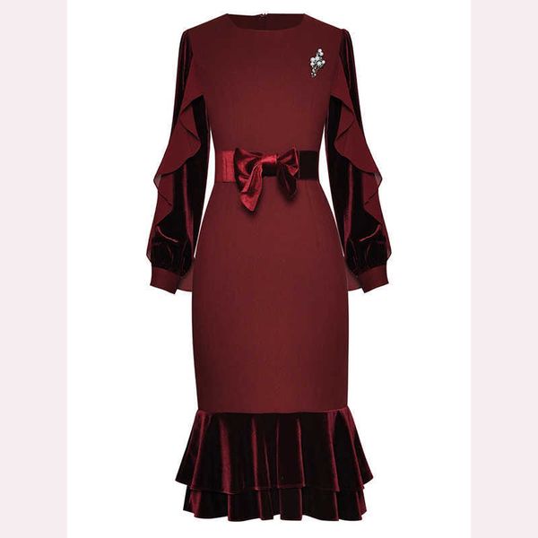

est fashion spring o-neck ruffled long sleeve brooch bag hip velvet stitching bottoming fishtail dress 210526, Black;gray