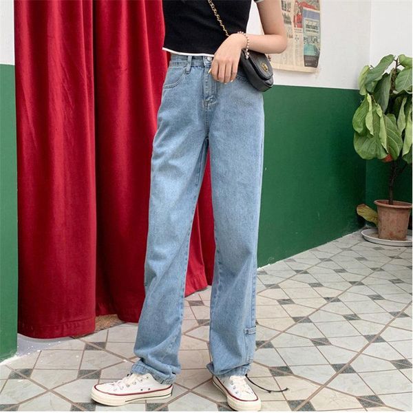 

women's jeans hzirip women vintage retro large size loose denim all match trousers female high waist slim full-length straight pants, Blue