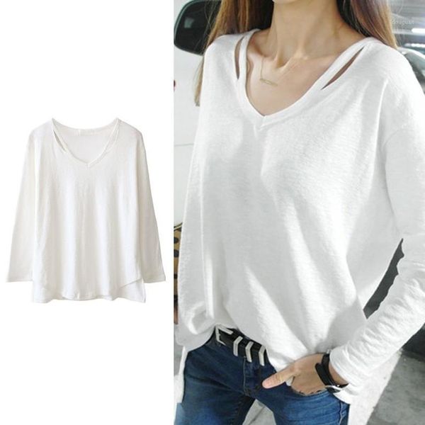 

women's t-shirt korean style v-neck long sleeve simple pure white female fashion loose casual shirt autumn spring soft