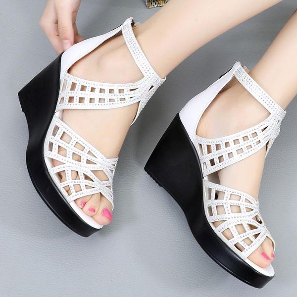 

rhinestone women sandals platform wedges high heels fashion hollow out open toe summer shoes, Black