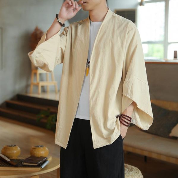 

japanese simple casual loose kimono men harajuku style long sleeve cardigan solid color jacket spring fashion streetwear ethnic clothing, Red
