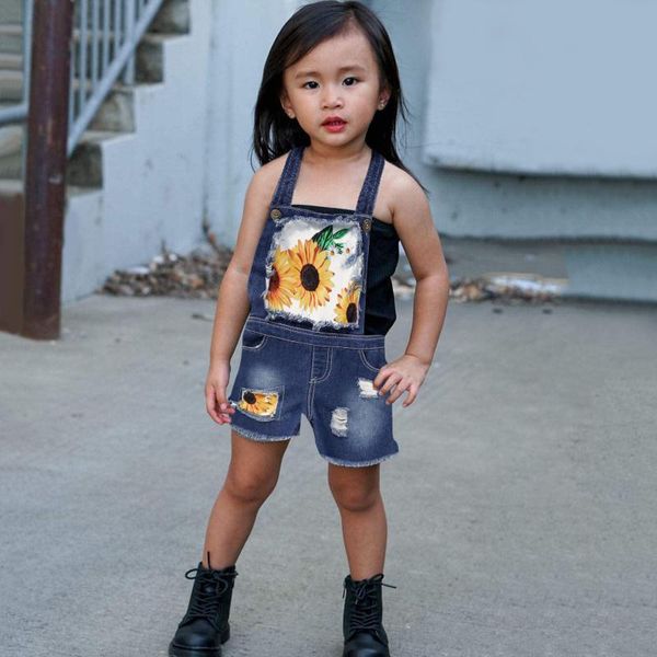 

jumpsuits toddler girl sunflower overalls suspender trousers casual hole denim baby pocket bib pants rompers children clothes jumpsuit, Blue