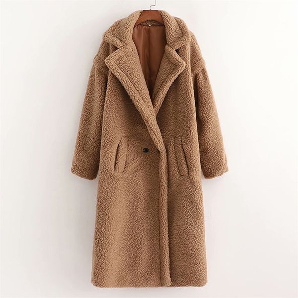 

women winter cashmere wool blends outerwear solid long sleeve thicken warm female fashion street coats clothing 210513, Black