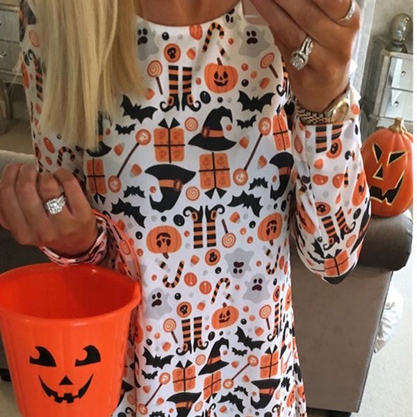 

halloween clothes long sleeve o-neck mini dress woman casual loose cartoon print party dresses a line vintage vestidos 210507, Black;gray