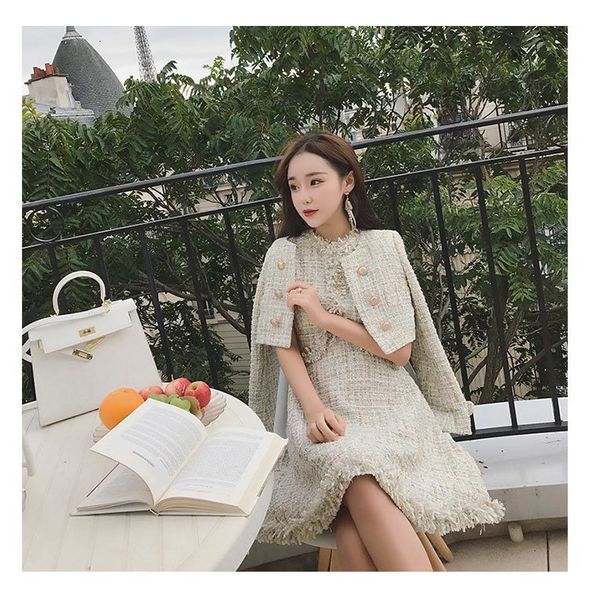 

two piece dress women's shiny gold tweed wool jacket, sleeveless , double suit, women's small wool tassel, 2 sets, 2021, White