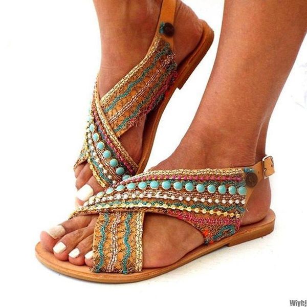 

sandals summer female flat bohemian hand-beaded ethnic women's shoes large size beach, Black