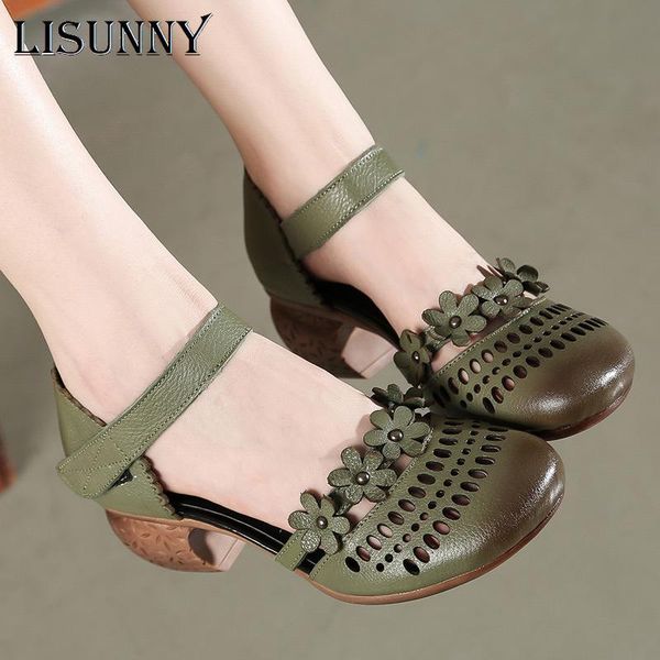

dress shoes lisunny 2021 summer genuine leather women sandals high heels retro handmade hollow out sandal, Black