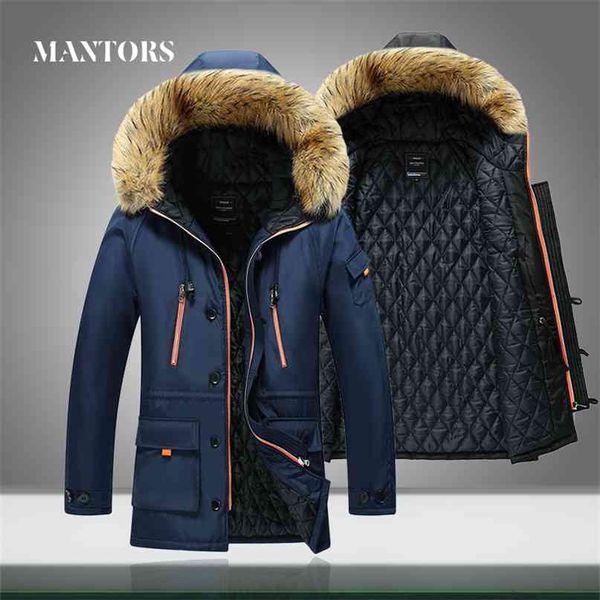 

men winter jacket fur collar casual hooded parka down jackets mens warm thick thermal outdoor overcoat zipper multi-pocket 210910, Black